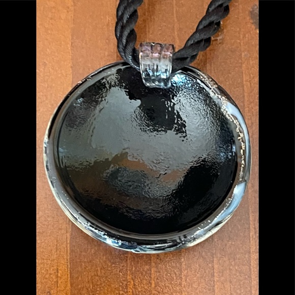 Stylish Murano Style Glass Black and Silver Swirled Pendant on Rope Necklace - Picture 5 of 5